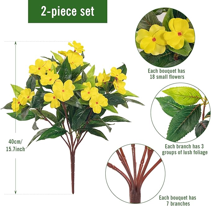 Artificial Impatiens Bouquet Flowers for Outdoors Silk Faux Flowers for Outdoor Impatiens Plants Decor Indoor Planters Kitchen Planters and Balcony Decorations 2PCS（Yellow ）