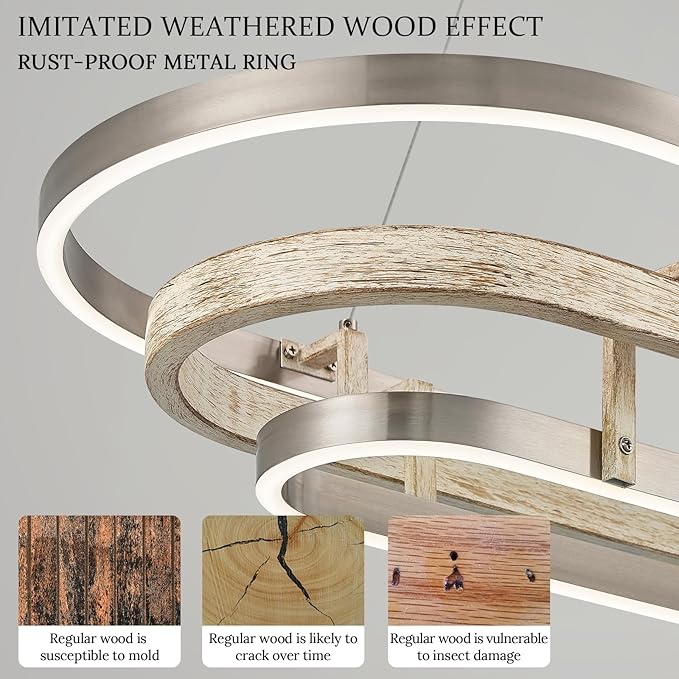3 Ring LED Chandelier Nickel Rectangular Chandeliers 39in Wood Pirinted Oval Dining Room Chandeliers Over Table Dimmable Weathered Wood Rectangle Chandelier Light for Kitchen Island Study Room