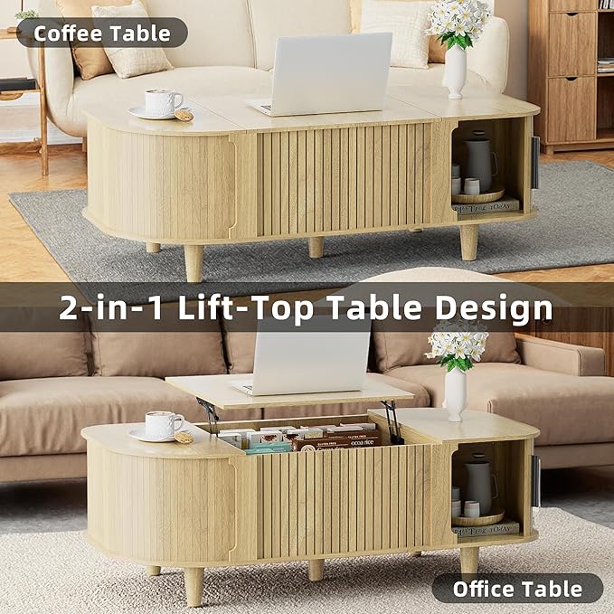 Oval Lift Top Coffee Table, Mid Century Modern Center Table with 3 Hidden Compartment, Coffee Tables with Storage Open Shelf and Sliding Cabinet Door for Home Living Room Office (Natural)