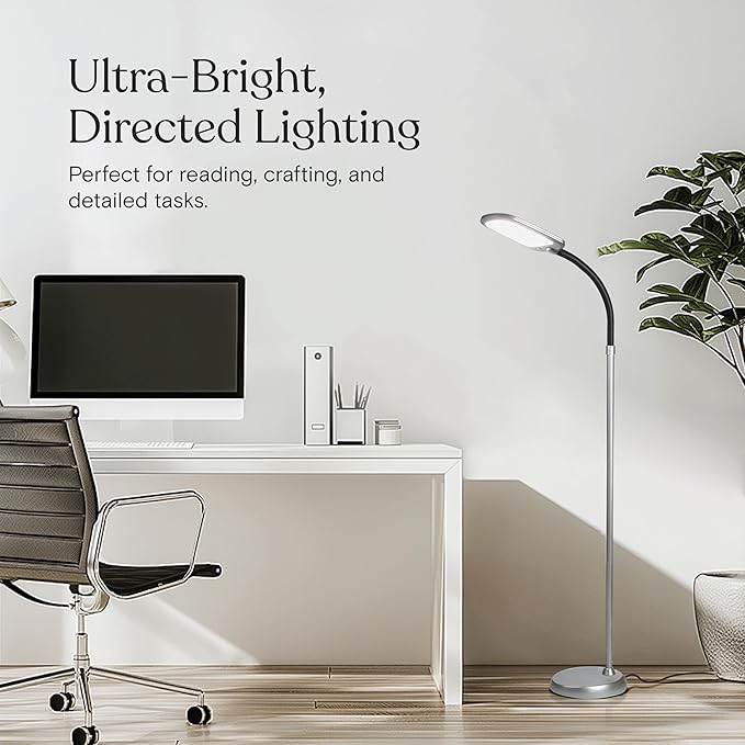 Brightech Litespan Slim LED Floor Reading Lamp with Adjustable Gooseneck for Living Rooms & Offices, Dimmable Standing Lamp for Bedroom - Silver