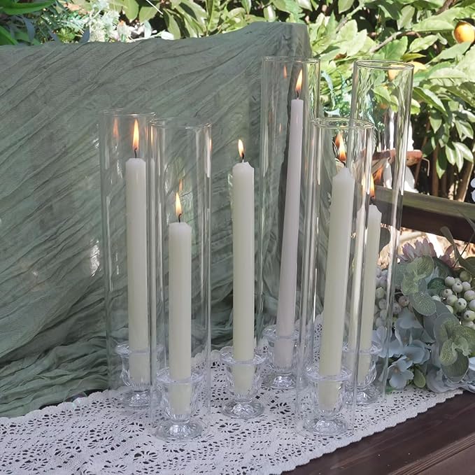 CHILL RECIPE Glass Hurricane Candlestick Holders Clear 14" Tall Cylinder Candleholder Chimney Tube, Floral Taper Crystal Candle Stick Holder for Birthday Wedding Christmas Home Decor(1 Set 6Pcs)