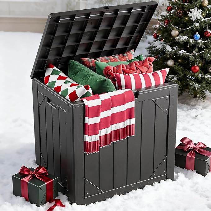 Outdoor Storage Box, 30 Gallon Deck Box Outdoor Storage Bench Outside Waterproof Resin Storage Bench, Lockable Patio Cushions, Garden Tools Storage For Furniture, UV Resistant (Black)