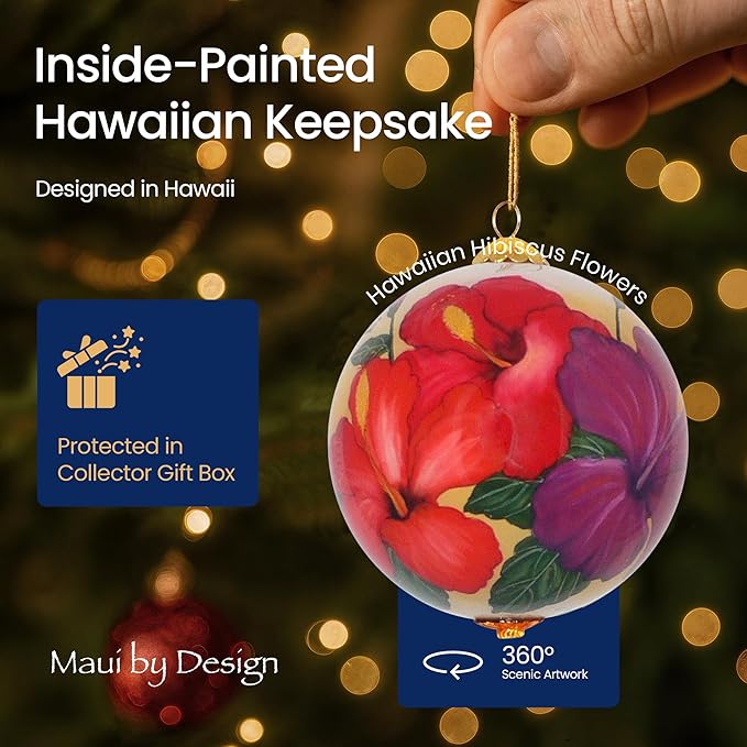 Collectible Hawaii Christmas Ornament Hibiscus Hand Painted from Inside The Glass, with Protective Gift Box, RH/H