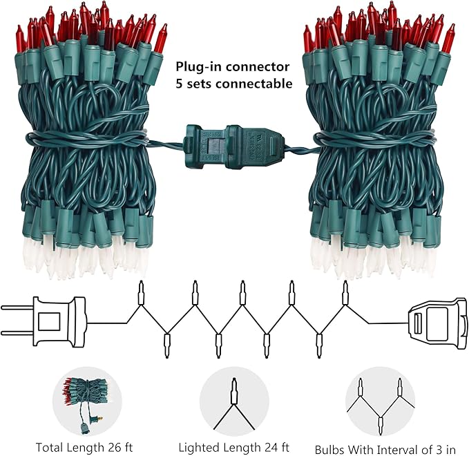Christmas String Lights - 24ft 100 Incandescent Multi Color Mini Bulbs Lights,Red&White Lighting Decor for Outdoor&Indoor Use, Fairy Garden, Yard, Home, Party, Holiday, Halloween Decoration