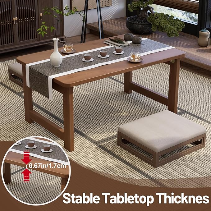 Japanese Floor Table, Bamboo Folding Coffee Table, Portable Solid Wood Japanese Tatami Tea Table Table, No Assembly Japanese Dining Table for Sitting on The Floor, Easy Storage (Dark Walnut)
