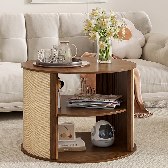 Round Coffee Table with Storage, 2-Tier Boho Mid Century Modern Wooden Center Coffee Table with Adjustable Shelf, Sackcloth Finish, Farmhouse, for Living Room, 27.5 Inches, Walnut