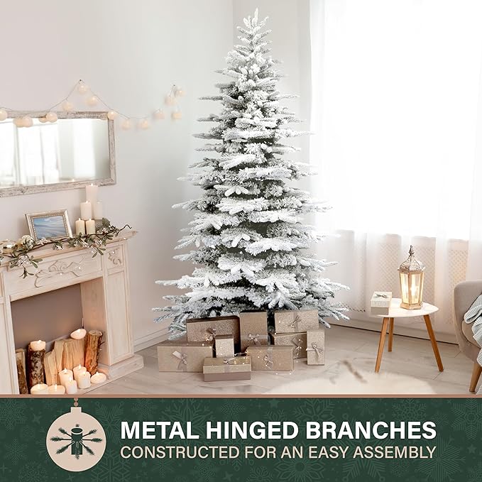 Fraser Hill Farm Pine Valley Flocked Christmas Tree, 6.5 Feet Tall | Holiday Tree with Metal Base Perfect Home Decor | Snowy Xmas Tree with No Attached Lights | FFPV065-0SN