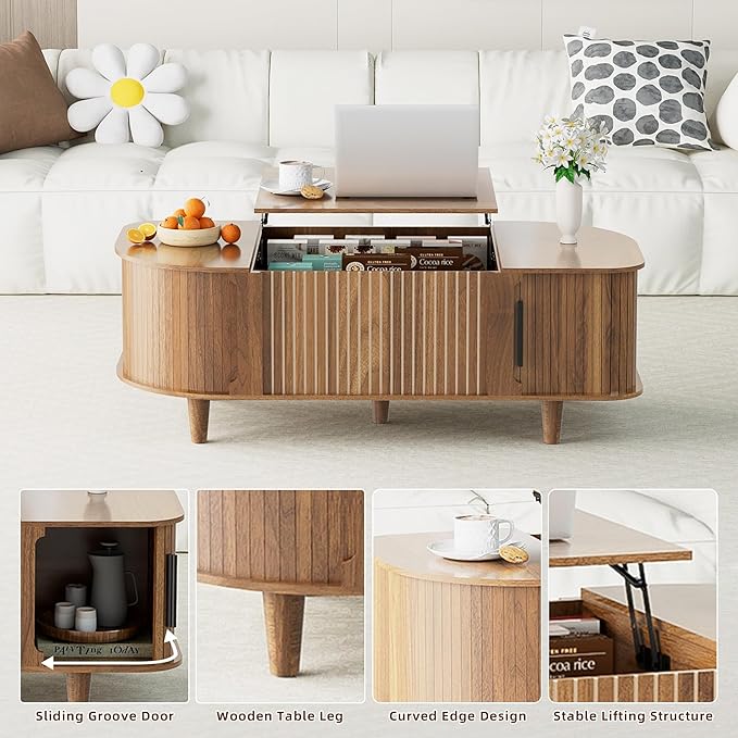 Oval Lift Top Coffee Table, Mid Century Modern Center Table with 3 Hidden Compartment, Coffee Tables with Storage Open Shelf and Sliding Cabinet Door for Home Living Room Office (Walnut)