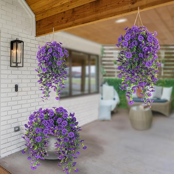 Sggvecsy Artificial Fake Hanging Flowers Plants for Outdoor Outside Spring Summer Decoration 2PCS Faux Silk UV Resistant Realistic Morning Glory with Eucalyptus for Home Porch Patio Balcony(Purple)