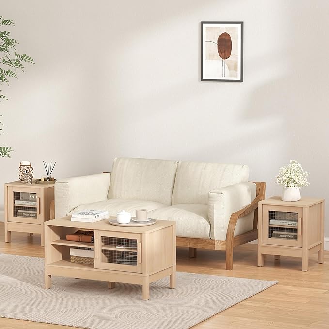 Bonzy Home End Table Set of 2, Modern Nightstand with Acrylic Doors and Storage Shelves, Square Side Table for Living Room, Bedroom, Oak