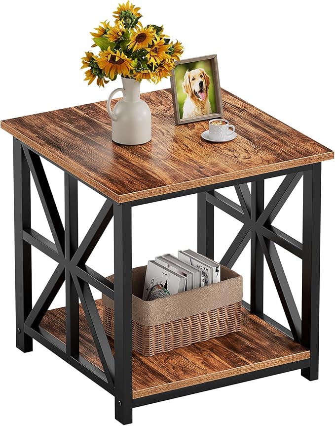 GreenForest End Table with 2-Tier Storage Shelf, 19.7 inch Side Table for Living Room, Modern Nightstand Bedside Table for Bedroom Office, Walnut