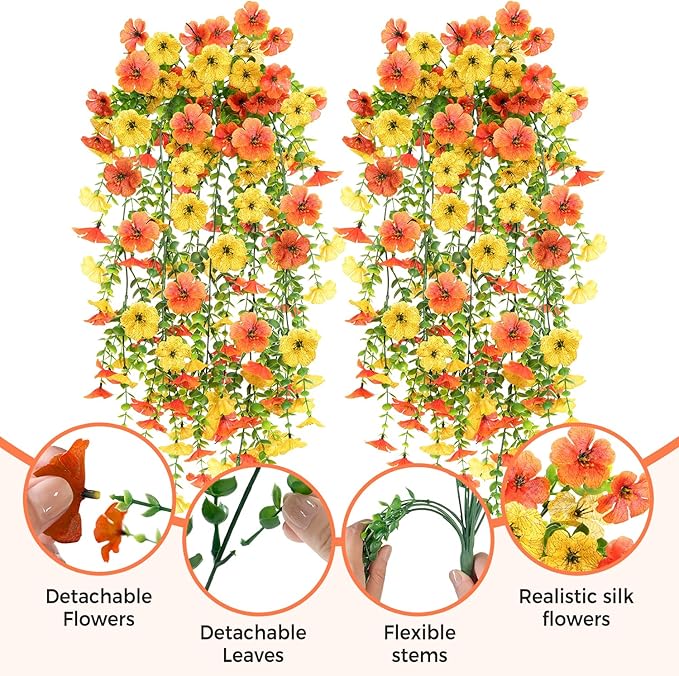 2PCS Artificial Hanging Fall Flowers for Outdoors Decorations, Orange Yellow Realistic Silk Daisy with Eucalyptus, UV Resistant Faux Mums for Home Decor Patio Garden Planters Yard Balcony