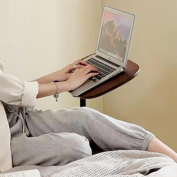 Modern Minimalist C Shaped Side Table, Wooden Sofa Table with Adjustable Height and Swivel Top, Laptop Desk for Living Room, Bedroom, Study and Small Spaces, Walnut Wood
