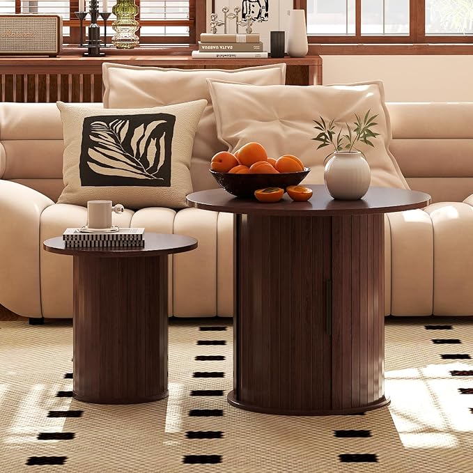 COSVALVE Round Wood Fluted End Table, 15.7“ Circle Farmhouse Side Table Sets for Living Room, Bedroom, Balcony, Small Spaces, Walnut