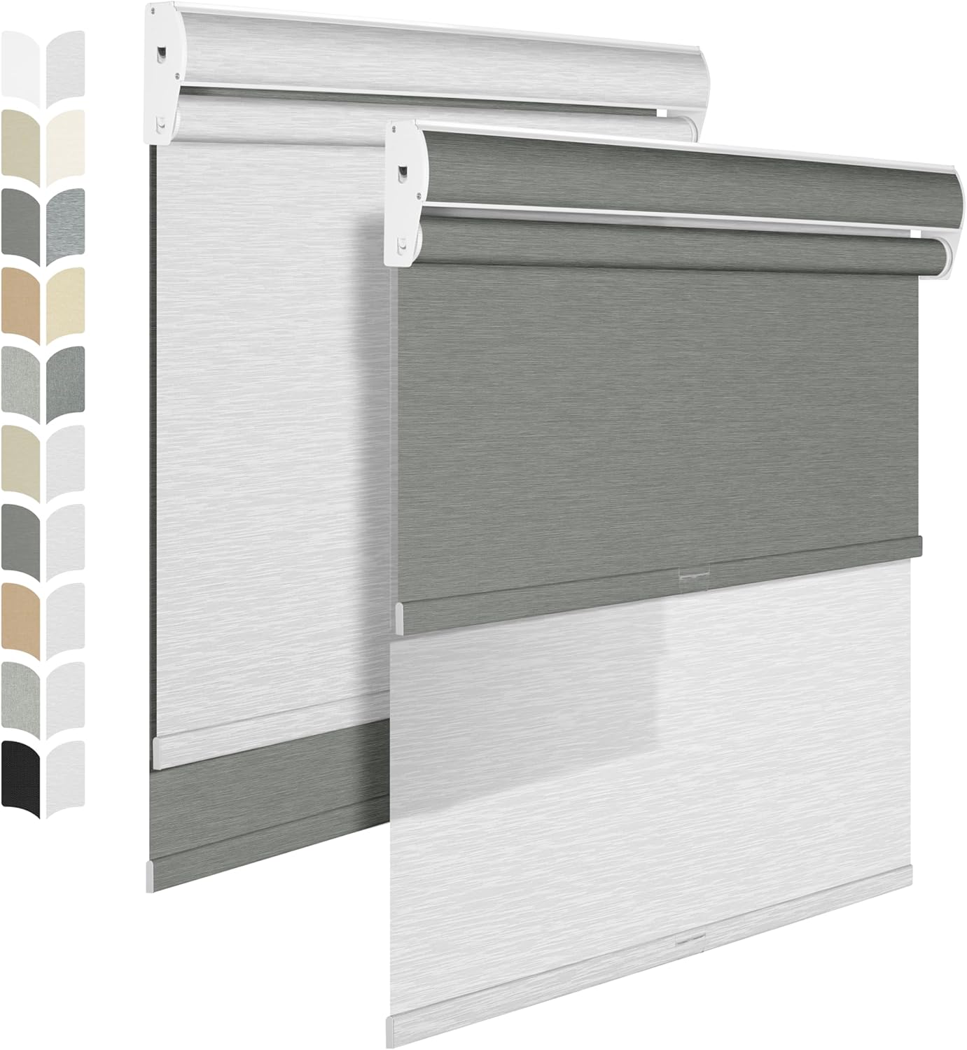 BERISSA Cordless Dual Roller Shades with Cassette Valance, Double Window Shades - Blackout and Light Filtering - Day and Night for Home Office Door, Grey and White. 70 W x 44" H