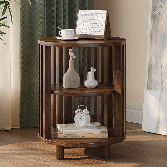 Round End Table, Wood Bedside Table, Mid Century Modern Nightstand with Open Storage Shelf, 3 Tier Small Side Tables for Living Room, Bedroom, Curved Profile Design, Walnut(2-Pack)