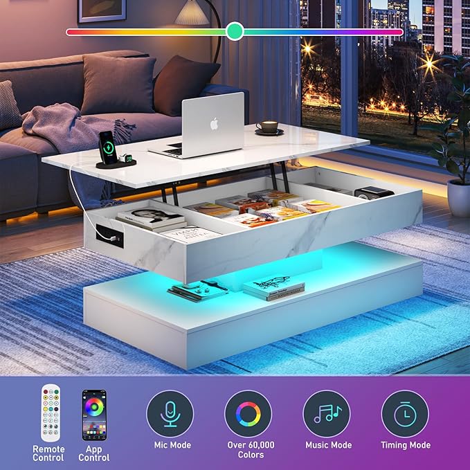 47.2" Large Lift Top Coffee Table with Charging Station, LED Modern High Glossy Center Table with Hidden Compartment Storage, White Lift Living Room Tables with Marbling Print, White