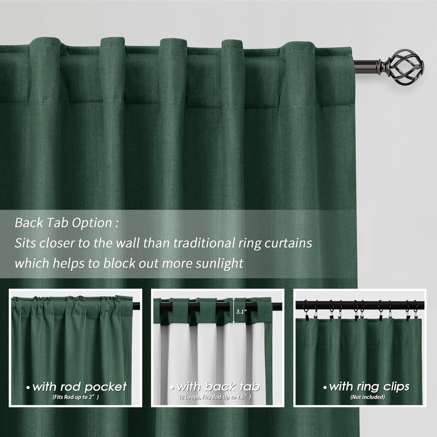 BOODII Green Blackout Curtains for Bedroom 80 Inch Length 2 Panels Set Room Darkening Curtains Linen Black Out Curtain Modern Thermal Insulated Living Room Drapes Back Tab 52x80