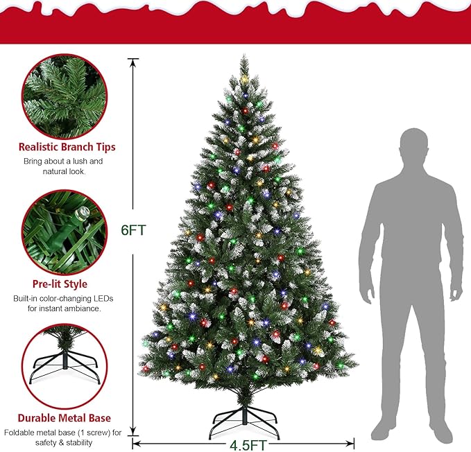 6 FT Prelit Artificial Christmas Tree with 250 Dual-Color LED Lights, 11 Modes Timer, 800 Snowy Tips - Easy Assembly Xmas Tree for Indoor/Outdoor Home Christmas Decorations