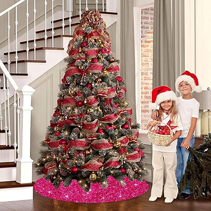 FUHSY Hot Pink Christmas Tree Skirt Sequin Glitter Velvet Tree Skirt 46 Inch Fuchsia Round Tree Skirts Luxury Thick Xmas Tree Mat Sequence Tree Collar for Christmas Tree Indoor Decor