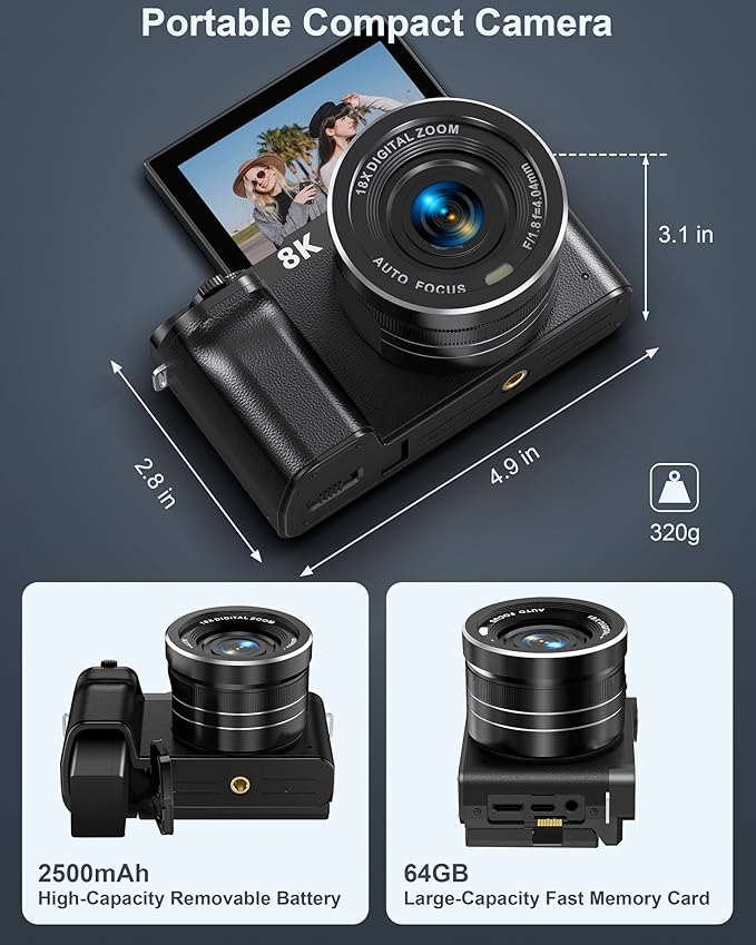 8K Digital Camera, 88MP Cameras for Photography, Vlogging Camera for YouTube with 3" 180° Flip Screen, 18X Zoom UHD Autofocus Video Camara with Lens Hood, 64GB Card