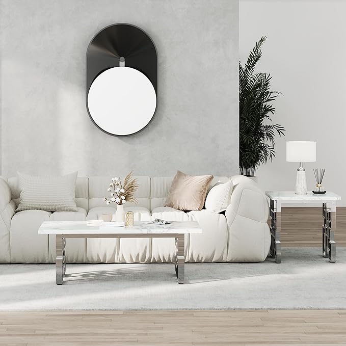 AUZ End Table, White and Silver Side Table, Square Living Room Corner Table with Polished Stainless Steel Geometric Base, Set of 4