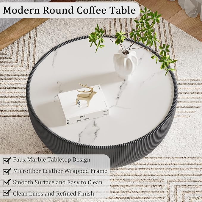 Round Living Room Table Set, 27.56" Grey Drum Center Table and 19.69" Grey Coffee Table Set, 2 Pieces Coffee Table Set with Sintered Stone Tabletop, Fluted PU Leather Covered and Metal Base