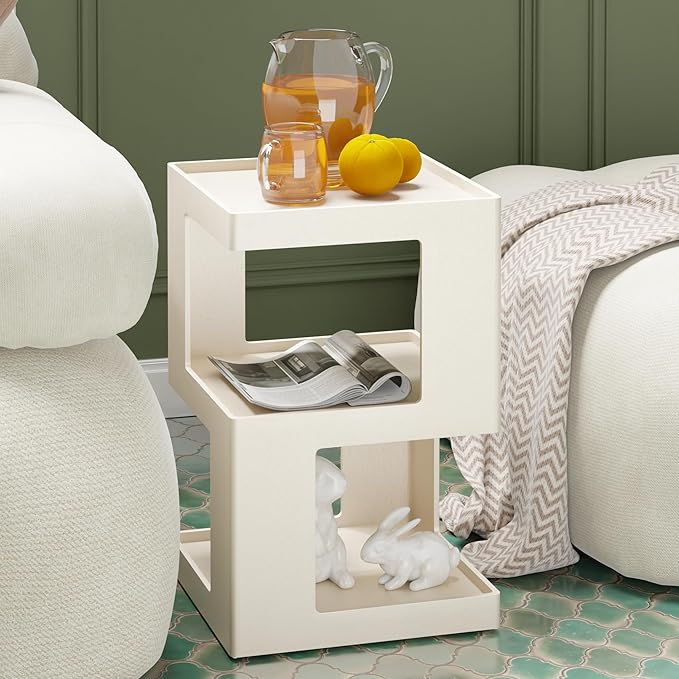 COZAYH Farmhouse Geometric Wood End Table, Distressed Accent Side Table with Two Storage Space, 3-Layer Cube Design for Bedroom, Living Room, Entryway, White