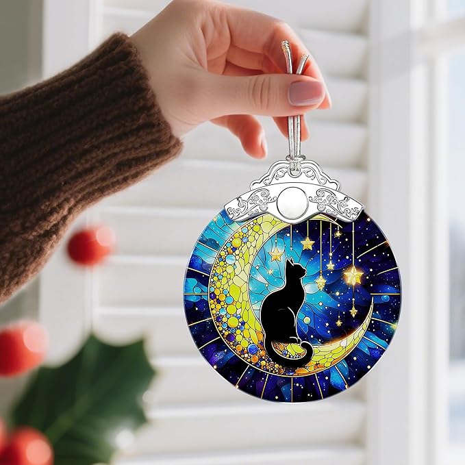 Stained Glass Black Cat Ornament, Christmas Ornaments, Christmas Decorations for Tree, Holiday Ornament, Gifts for Cat Lovers, Holiday Party Gifts, Gift Ideas & Xmas Gift