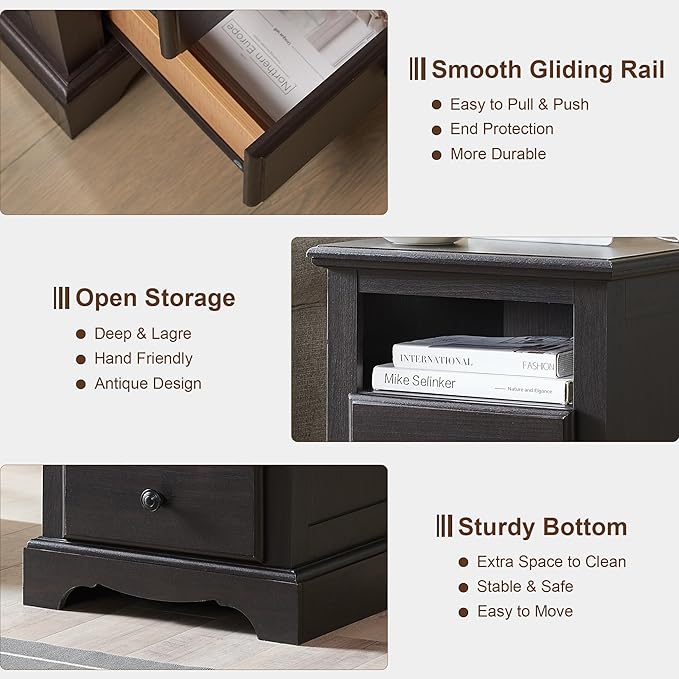 T4TREAM Nightstand with Charging Station Set of 2, Wood Rustic Sofa Side Table with Open Storage Shelf, 18 Inch Vintage End Table with 2 Drawers for Living Room, Bedroom, Espresso