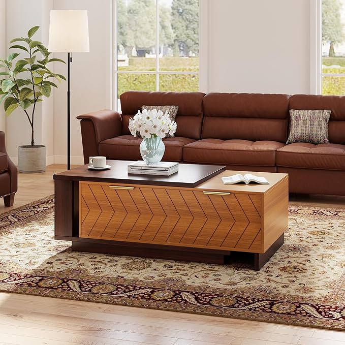 42"- 65" Extendable Coffee Table with Storage, Reversible Wood Coffee Table with 2 Drawers, Two-Tone Large Adjustable Center Table for Living Room, Office (Dark Walnut)