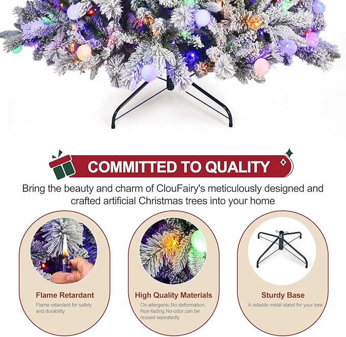 Christmas Decorations Tree, 7.5ft Prelit Flocked Christmas Tree with Warm White & Multi-Color Lights,Premium Artificial Flocked Trees Full Branch Tips,First Choice Decorations for Xmas