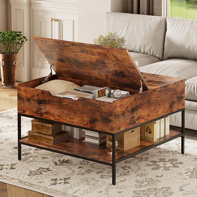 AQY 31.5" Flip Top Coffee Table with Storage, Square Coffee Tables for Living Room, Modern Farmhouse Heavy Duty Coffee Table with Large Hidden Compartment and Storage Shelves,Assembly Required
