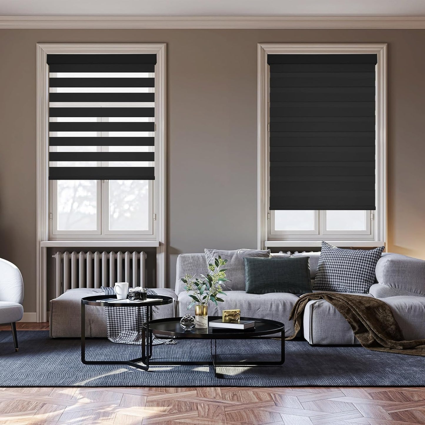 HESTIA Cordless Zebra Blinds Light Filtering Roller Shades UV Blocking Blackout Privacy Indoor Window Shades for Home Office Day and Night, Black,48" W x 48" H