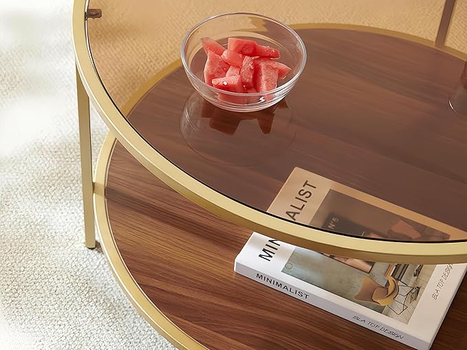 Modern Round Glass Coffee Table with Amber Glass Top, Round Glass Table for Living Room, D30''×H18'', Gold Table Legs Structure & Amber Glass Top