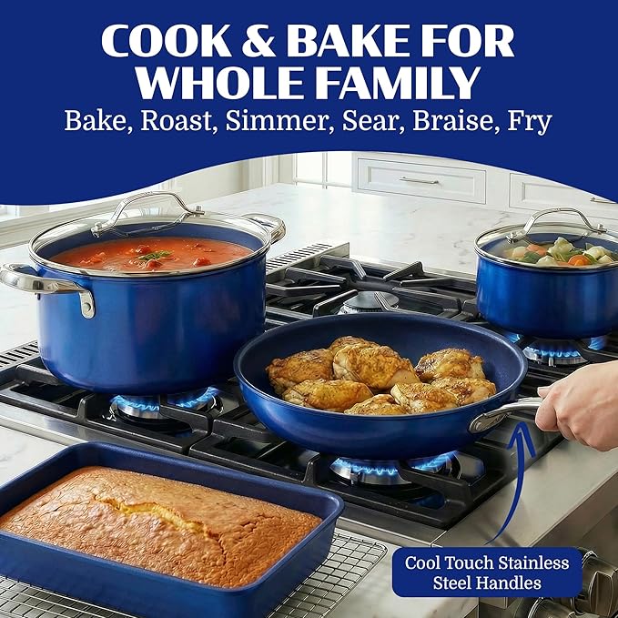 Granitestone Ceraluxe 20Pcs Ceramic Cookware Set Nonstick, Complete Pots and Pans Set Non Stick with 5 Pc Bakeware Set, Deep Frying Pan Set, & Steamer, Non Toxic PFOA Free, Oven & Dishwasher Safe