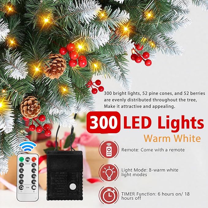 6FT Pre Lit Artificial Christmas Tree with 300 Lights, 847 Branch Tips, 52 Pine Cones, 52 Red Berries & Metal Stand, Remote Xmas Tree for Outdoor Indoor Home Christmas Decorations