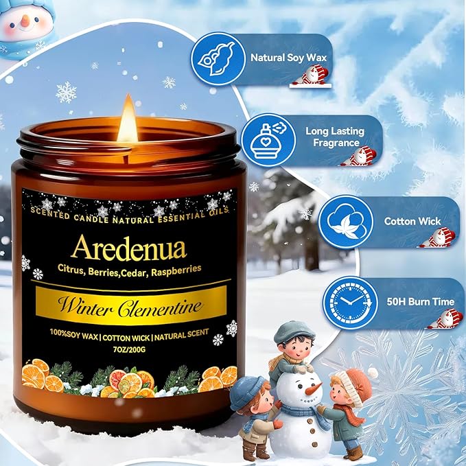 Winter Candles – Winter Clementine Candle | Holiday Scented Candles - Citrus Soy Candle for Odor Eliminator | Winter Christmas Gift for Women Men 7oz Jar with 50H Clean Burn & Long Lasting