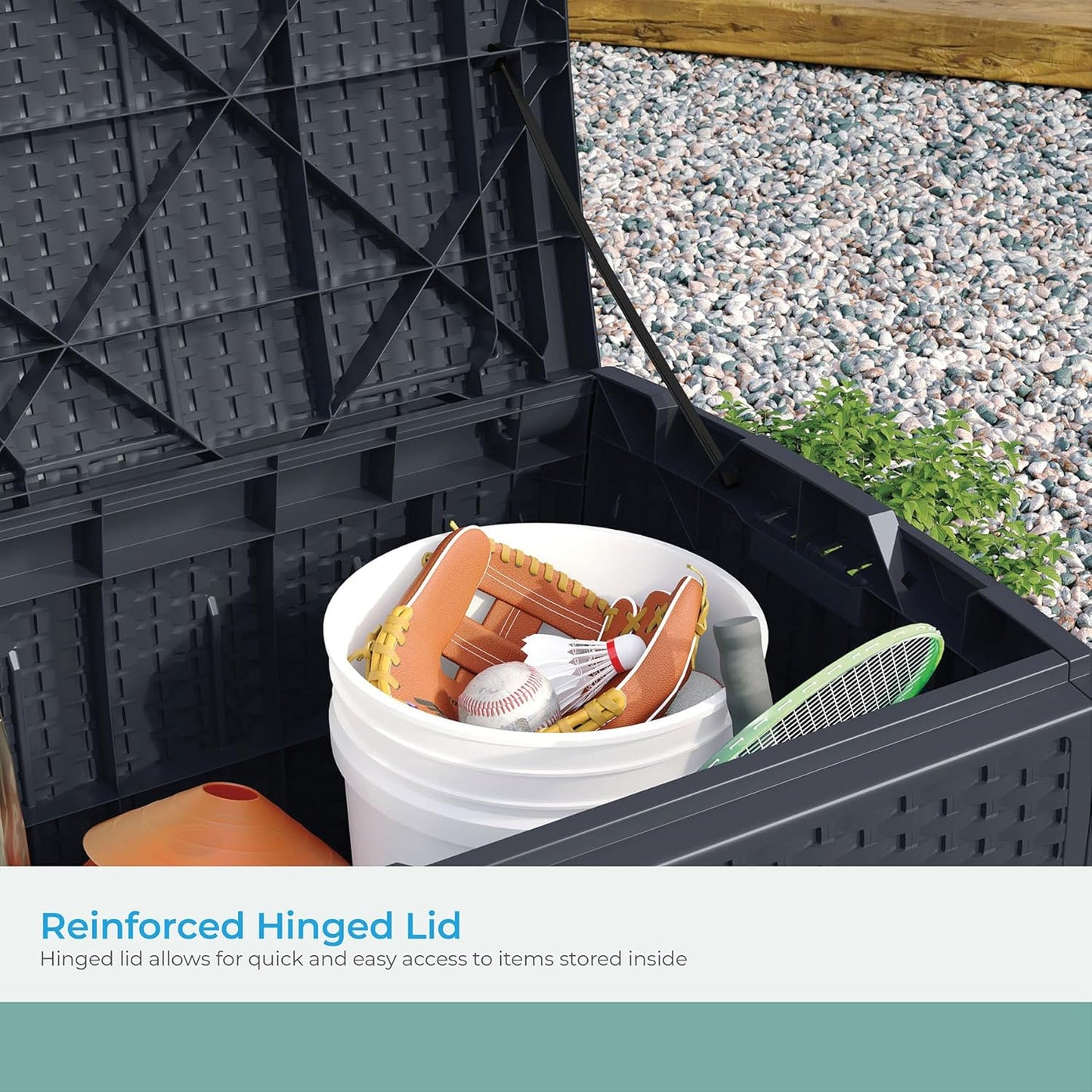Suncast 73 Gallon Medium Resin Wicker Indoor/Outdoor Storage Box for Garden Tools, Pool Accessories, and Patio Cushions, Cyberspace