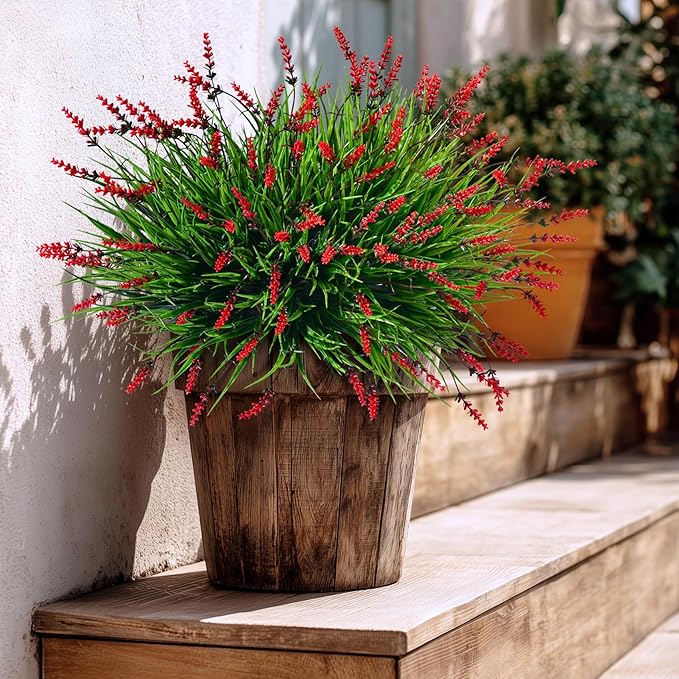 12 Bundles Artificial Lavender Flowers Faux Plants for Outdoor Fake Monkey Grass with Flowers Realistic Faux Greenery Shrubs for Porch Planters Patio Garden Window Boxes Pathway Decor (Red)
