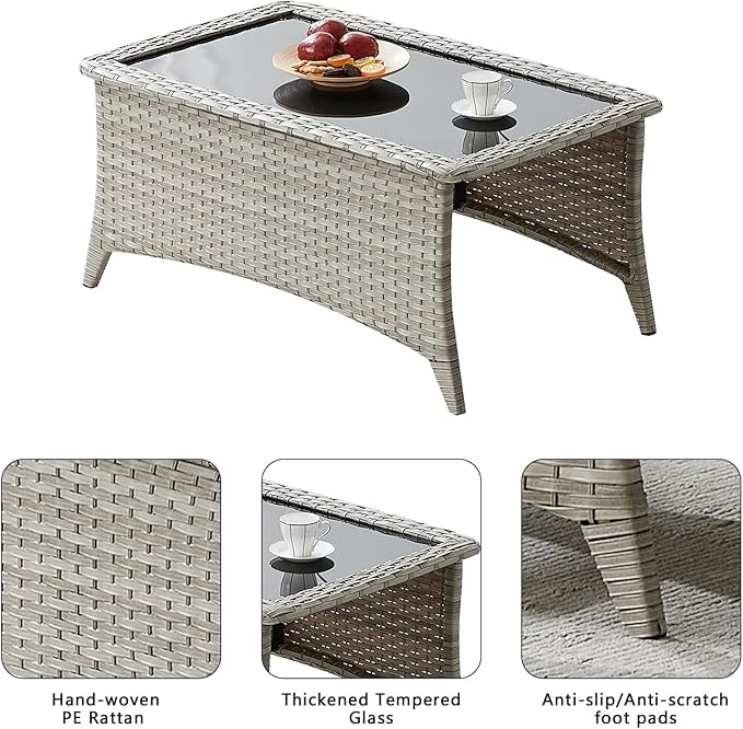 Rilyson Patio Tables Wicker Coffee Table - Outdoor Rattan Coffee Tables with Glass Top for Patio Proch Deck Balcony Rectangle Light Grey