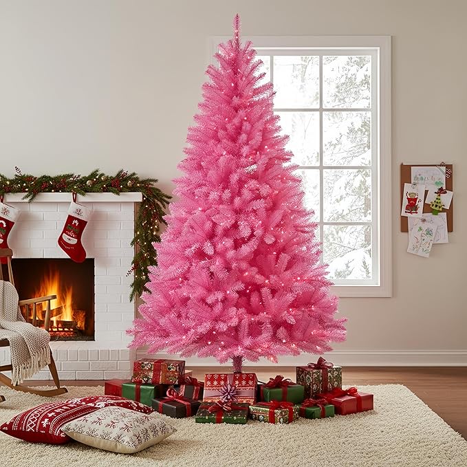 YULETIME 6.5 Feet Pre-Lit Pink Christmas Tree, Artificial Holiday Decorative Tree with UL Listed 300 Pink LED Christmas Lights with Matching Color Wire