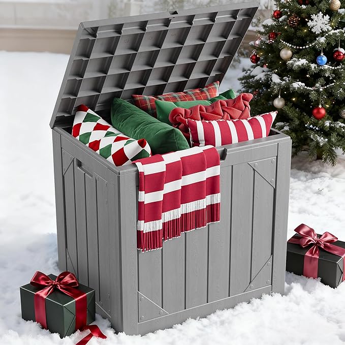 Outdoor Storage Box, 30 Gallon Deck Box Outdoor Storage Bench Outside Waterproof Resin Storage Bench, Lockable Patio Cushions, Garden Tools Storage For Furniture, UV Resistant (Gray)