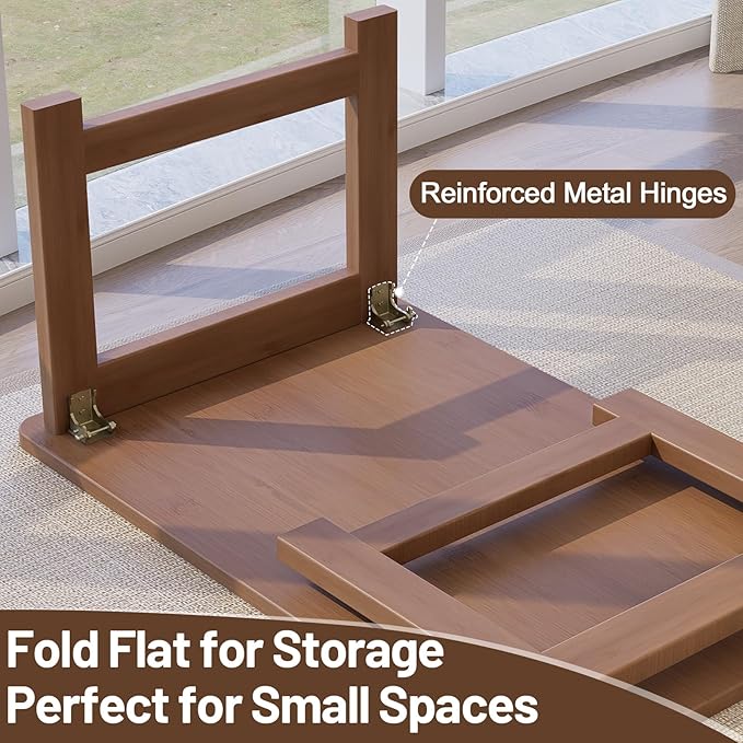 Japanese Floor Table, Bamboo Folding Coffee Table, Portable Solid Wood Japanese Tatami Tea Table Table, No Assembly Japanese Dining Table for Sitting on The Floor, Easy Storage (Dark Walnut)