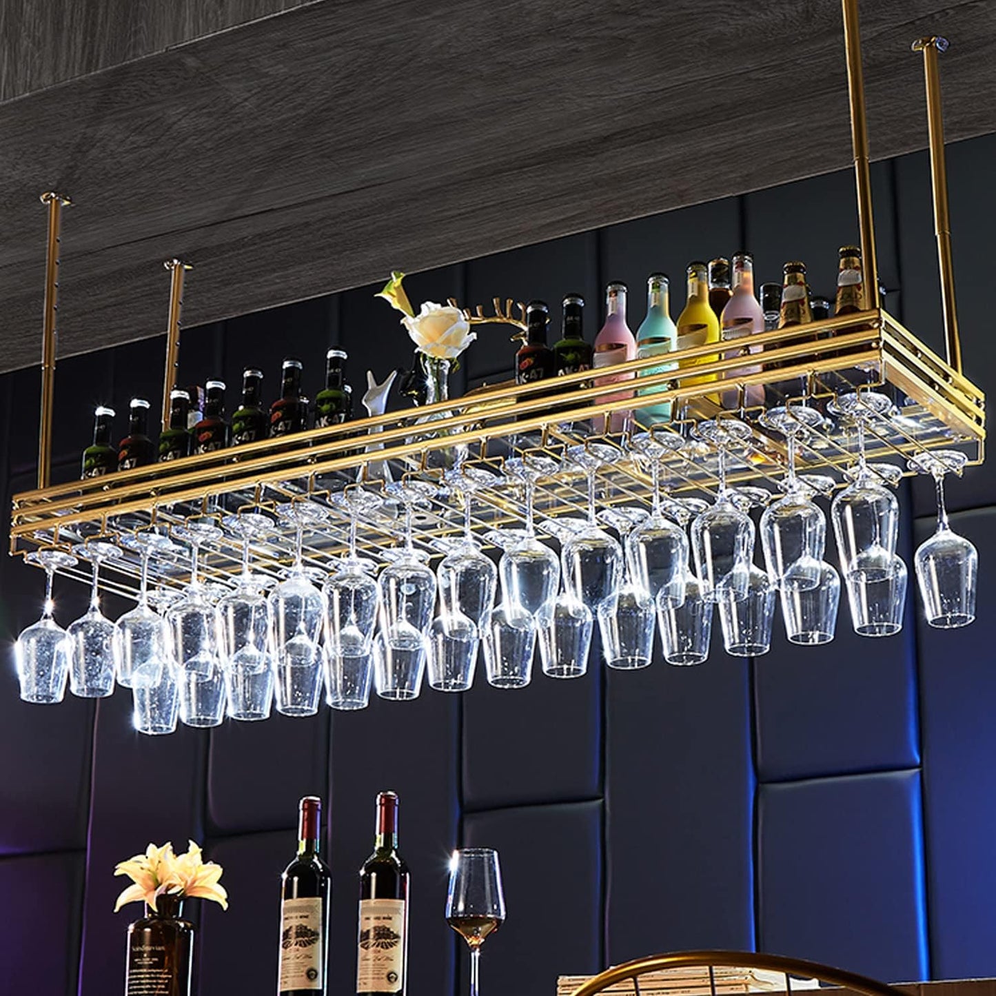 Ceiling Wine Rack&Hanging, Adjustable Hanging Wine Rack with Acrylic Board for Bar Cafe Kitche, 31.5''x13.8'' Iron Hanging Wine Glass Racks, Wine Bottle, Goblet Stemware Rack, Mug Rack-Gold
