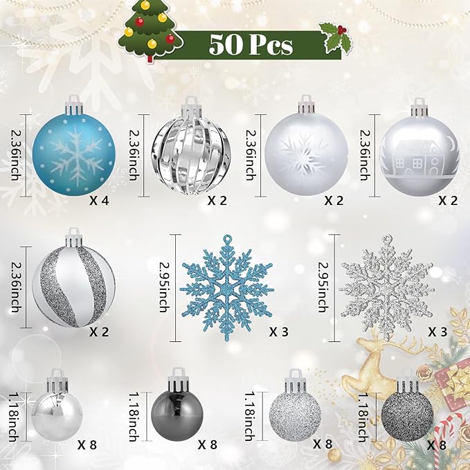 50Pcs Christmas Tree Ornaments - 2.36''/60mm Christmas Ball Ornaments Set for Xmas Tree Holiday Party Wedding Home Decorations (Blue & Silver)