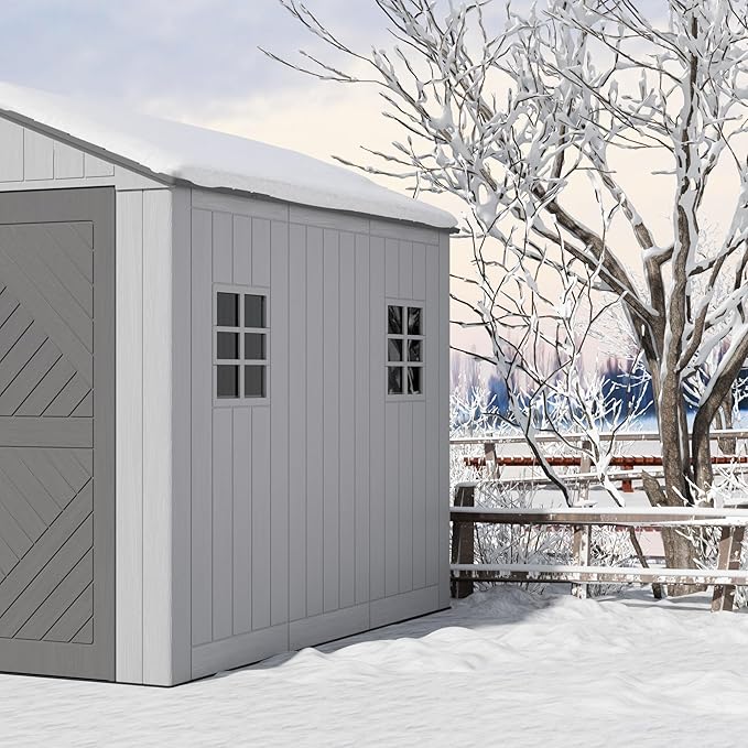 6x8.6 FT Storage Shed with Floor,HDPE Resin Outdoor Storage Shed Weather Resistant,Lockable Garden Sheds with Windows for Home/Garden Tools/Backyard/Lawn Mower/Bike Storage(Gray)