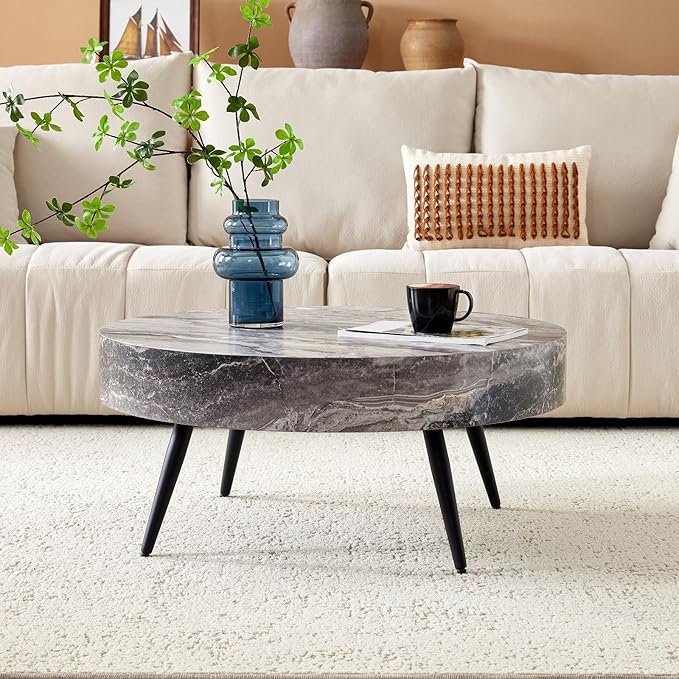 LKTART Coffee Table for Living Room, Round Wood Coffee Tables, Modern Metal Accent Center Tea Table for Apartment Small Space (31Inch-Marble Grey)