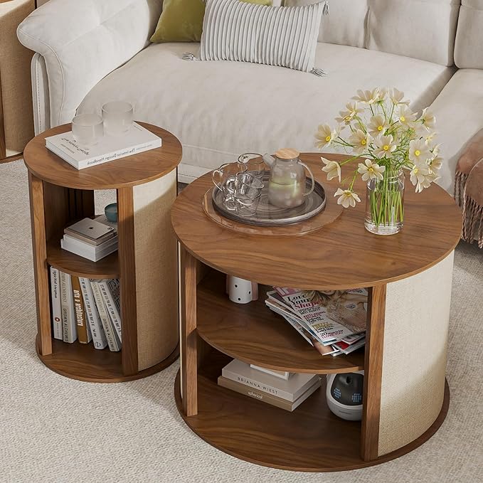Round Coffee Table Set, 2-Tier Boho Mid Century Modern Wooden Center Coffee Table and End Table Sets of 2 with Adjustable Shelf, Sackcloth Finish, Farmhouse, for Living Room, 27.5 Inches, Walnut