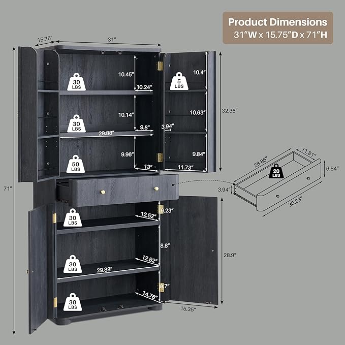 71" Tall Kitchen Pantry, Modern Curved Pantry Storage Cabinet with 4 Doors and 6 Adjustable Shelves, Cupboard for Kitchen, Dining Room, Living Room and Bathroom, Dark Grey